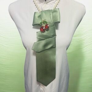 St. Patrick Green Necktie with Blue Dots Featuring Cherry Brooch